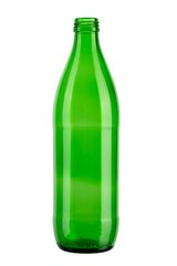 Empty green glass bottle without cap. Isolated on white background.