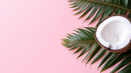 Fototapeta na wymiar Coconut on palm leaves with pink background. Coconut. Top view. Horizontal format, for advertising, banner, poster, site, Minimalism.