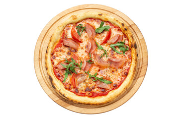 Delicious pizza served on wooden plate isolated on white background. Pizzeria menu. Concept poster for Restaurants or pizzerias.