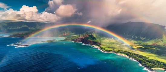 Fototapeten Captivating Rainbow Touching East Coast of Molokai: A Mesmerizing Sight © AkuAku