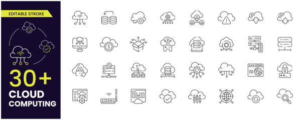 Cloud computing editable stroke icons related to cloud services, server, cyber security, digital transformation. Outline icon collection. Editable stroke. Vector illustration