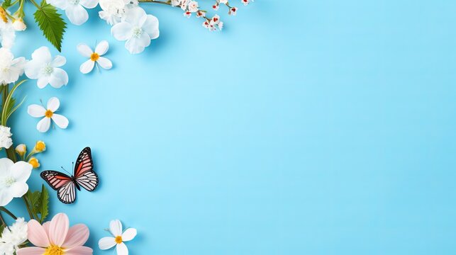 A blue frame that consists of a butterfly and flowers with a blue background