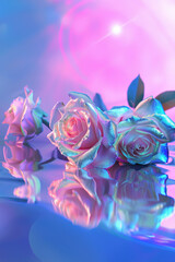 Minimal surrealism background with roses in pastel holographic colors with gradient.