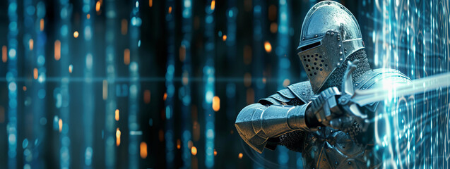 
medieval knight in armor with a sword and shield in comes out of the virtual screen. creative cyber security concept