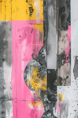 Abstract mixed media collage poster pink, yellow, grey neon light plaster, with gold-decoration and copy space - Generative AI