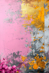 Abstract mixed media collage poster pink, yellow, grey neon light plaster, with gold-decoration and copy space - Generative AI