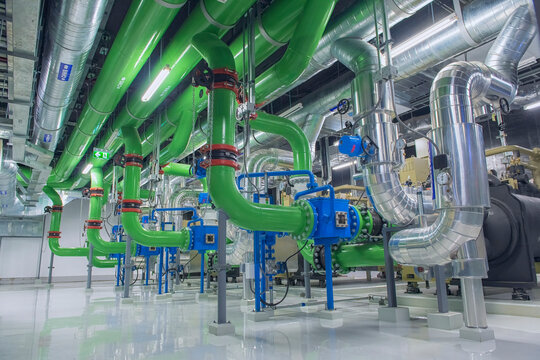 Industrial interior chiller and boiler HVAC heating ventilation air conditioning system and pipping line of industrial construction at boiler pump room system in the factory