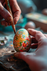 process of decorating Easter egg close up, rustic style