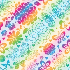 Zelfklevend Fotobehang Vector seamless spring rainbow gradient diagonal pattern with hearts and flowers and butterflies on transparent background © Olga Drozdova