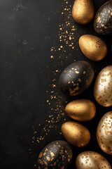 Fototapeta na wymiar stylish luxurious Easter eggs top view pattern . Black and gold . Minimalist . Isolated on black background.
