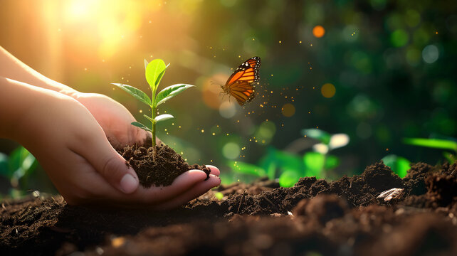 Two hands holding a little plant with soil ,golden light in the morning environment friendly concept.