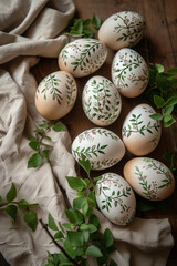 top view row pattern of eco Easter eggs with plant leaves minimalist ornaments , rustic style. Beige, faded green, faded gold colors. Brown wooden table, natural fabric kitchen towel , selective focus