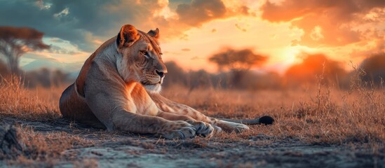 Majestic Lioness Lying Gracefully on the Ground During a Stunning Sunset