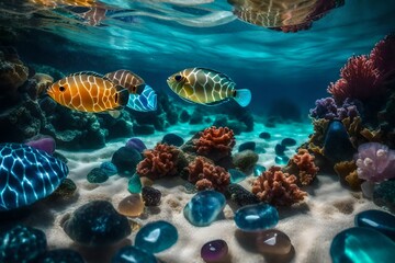 Obraz premium Gemstones in a crystal clear water of a lake reflecting the sunlight,