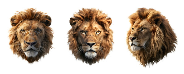 Fototapeta premium Lion head set on a transparent background. Big cat photorealistic illustration.
