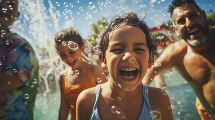 A family from various backgrounds having a joyful day at a water park,  splashing and cooling off