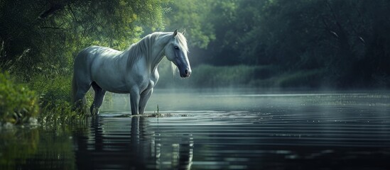 Majestic White Horse Closeup Portrait by the Lake: A Stunning Reflection of the White Horse's Beauty in a Closeup Portrait Amidst the Serene Lake