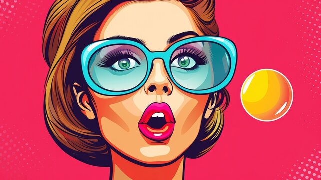 A girl blows bubblegum in the style of pop art