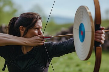 Precision and Focus: Woman Archer Takes Aim with Longbow at Target
