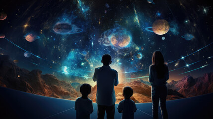 A family from different backgrounds visiting a planetarium,  embarking on a cosmic journey