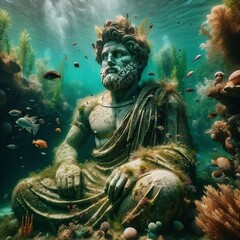 Fototapeta na wymiar Archeological statue sitting underwater