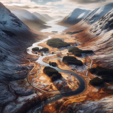 Aerial view of glen etive in winter near glencoe in the argyll region of the highlands of scotland