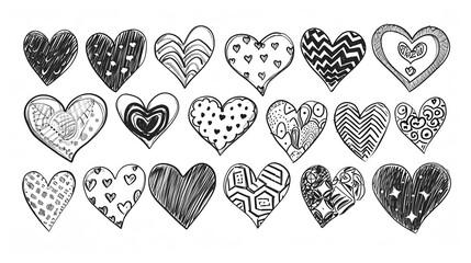 Monochrome set of astrakhan hearts. Heart doodles set. Hand drawn hearts collection. Design for coloring books, educational games, covers. - obrazy, fototapety, plakaty