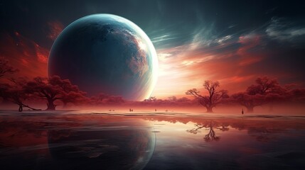 A landscape that is surreal and has a planet in it