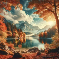 Deurstickers Autumn landscape with lake and mountains in the background Lake in the mountains © Doru