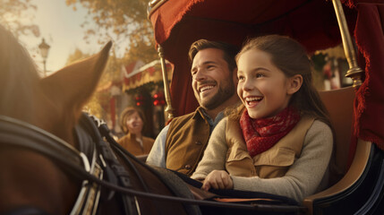 Parents and children enjoying a scenic horse-drawn carriage ride,  experiencing a timeless charm
