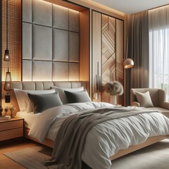 Comfortable modern bedroom with elegant wood headboard