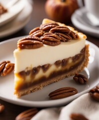 Slice of pecan pie cheesecake dessert, fall season baking, Thanksgiving
