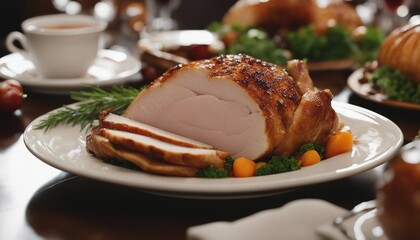 Sliced roast turkey breast on dinner table, fall food, Thanksgiving cooking
