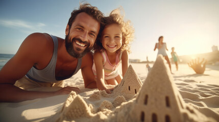 Fototapeta premium A family from various backgrounds having a joyful beach day, building sandcastles