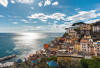 View of Riomaggiore, famous Cinque Terre town and commune in the province of La Spezia, situated in...