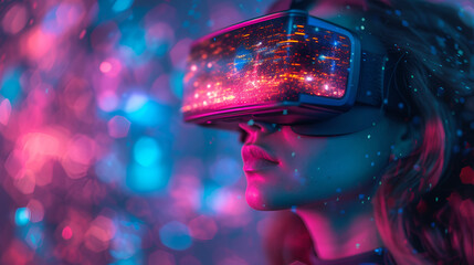 Fototapeta na wymiar A person exploring a vibrant and futuristic world with virtual reality glasses. Created with generative AI.