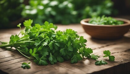 freshly picked parsley on an old wooden table
