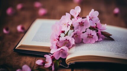 A picture of a pink flower on the book with a close up.