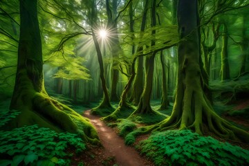 In a fairy-tale world where no one is present, green color, visiting a fairy tale, magic forest