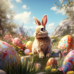 Cute Easter bunny sitting on the grass with colorful Easter eggs. Easter banner 2024. Easter background with a bunny on a blurred background of blooming white lilac and delicate flowers.