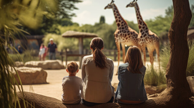 Parents and children enjoying a day at the zoo,  observing wildlife from around the world