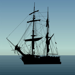 
Silhouette of a sailboat at sea. Vector illustration for interior design and other illustrations in vintage style