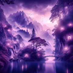 Schilderijen op glas Magical and mystical landscape wallpaper in purple tones © Doru
