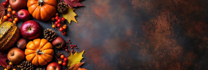 Fall harvest with seasonal leaves in red, orange, and yellow, gourds, and copy space on solid background - obrazy, fototapety, plakaty