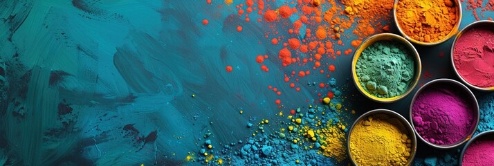 Colorful powdered dyes for Holi celebration - obrazy, fototapety, plakaty