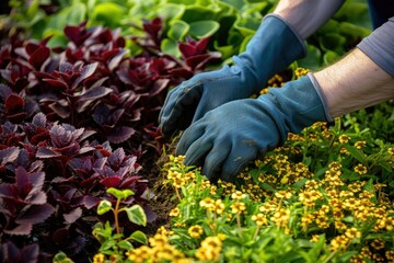 Green Thumb in Action: A Gardener Wearing Gloves Planting a Beautiful Bed
