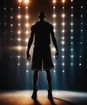 full body silhouette photo of nba player in front of glittering warm spotlights on dark background
