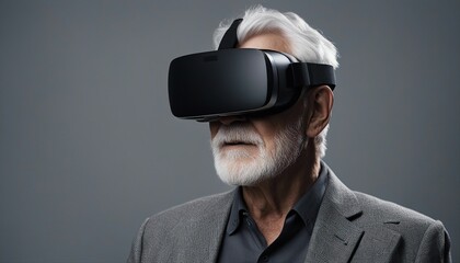 portrait of a grey-haired old man wearing virtual reality glasses, isolated grey background
