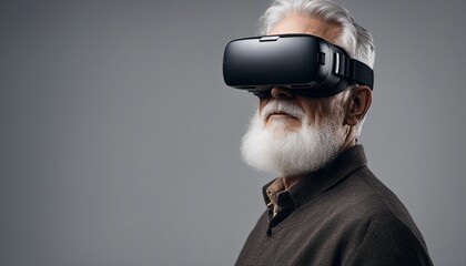 portrait of a grey-haired old man wearing virtual reality glasses, isolated grey background
