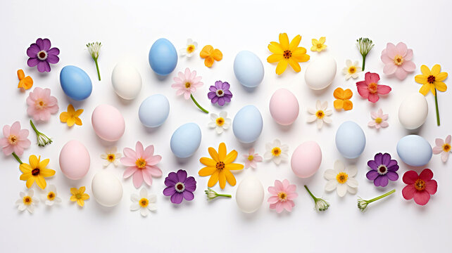 Colorful Easter eggs with flowers on white background. Happy Easter concept. Easter eggs and spring flowers on White background, flat lay, top view, studio shot.